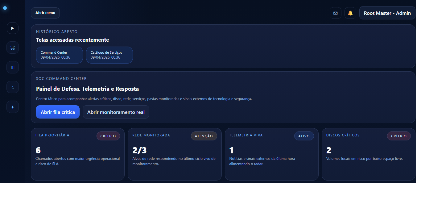 Painel SOC Command Center com defesa, telemetria e resposta
